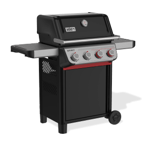 Weber Gasgrill E-425 GBS Spirit 2025, 4 Brenner, schwarz, mit Seitentischen und Grillwagen.