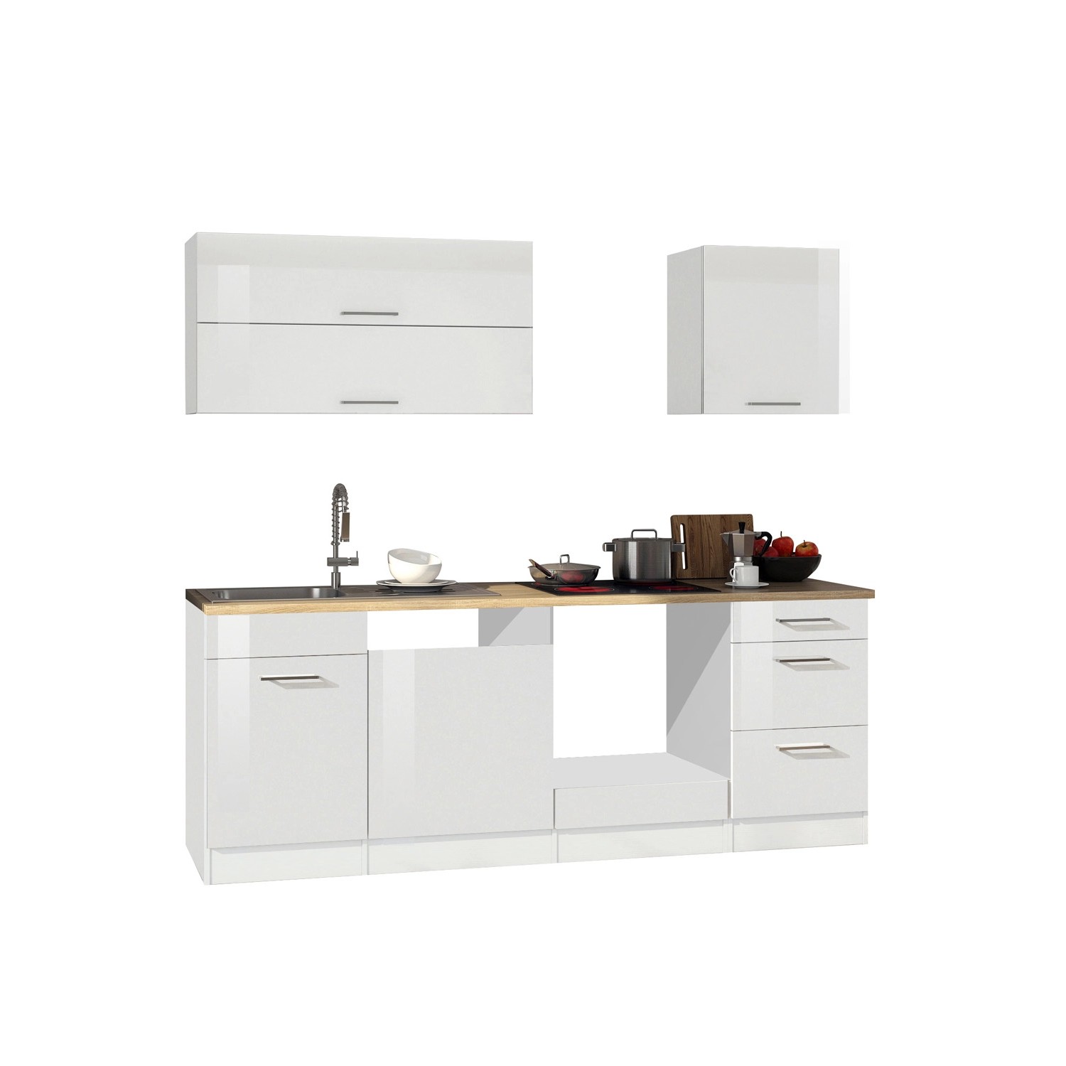 Küchenzeile Mailand, 220 cm, Weiß Hochglanz/Matt, ohne E-Geräte. Moderne Einbauküche mit Hänge- und Unterschränken.