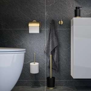 Freistehende Tiger Tune WC-Bürste mit Halter, Messing gebürstet und Schwarz.