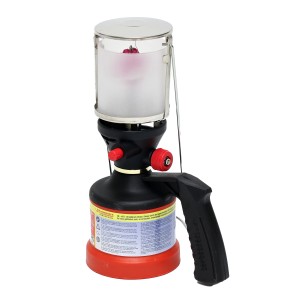 Rothenberger Scout Campinglampe, gasbetrieben, mit Tragegriff und Piezo-Zündung.