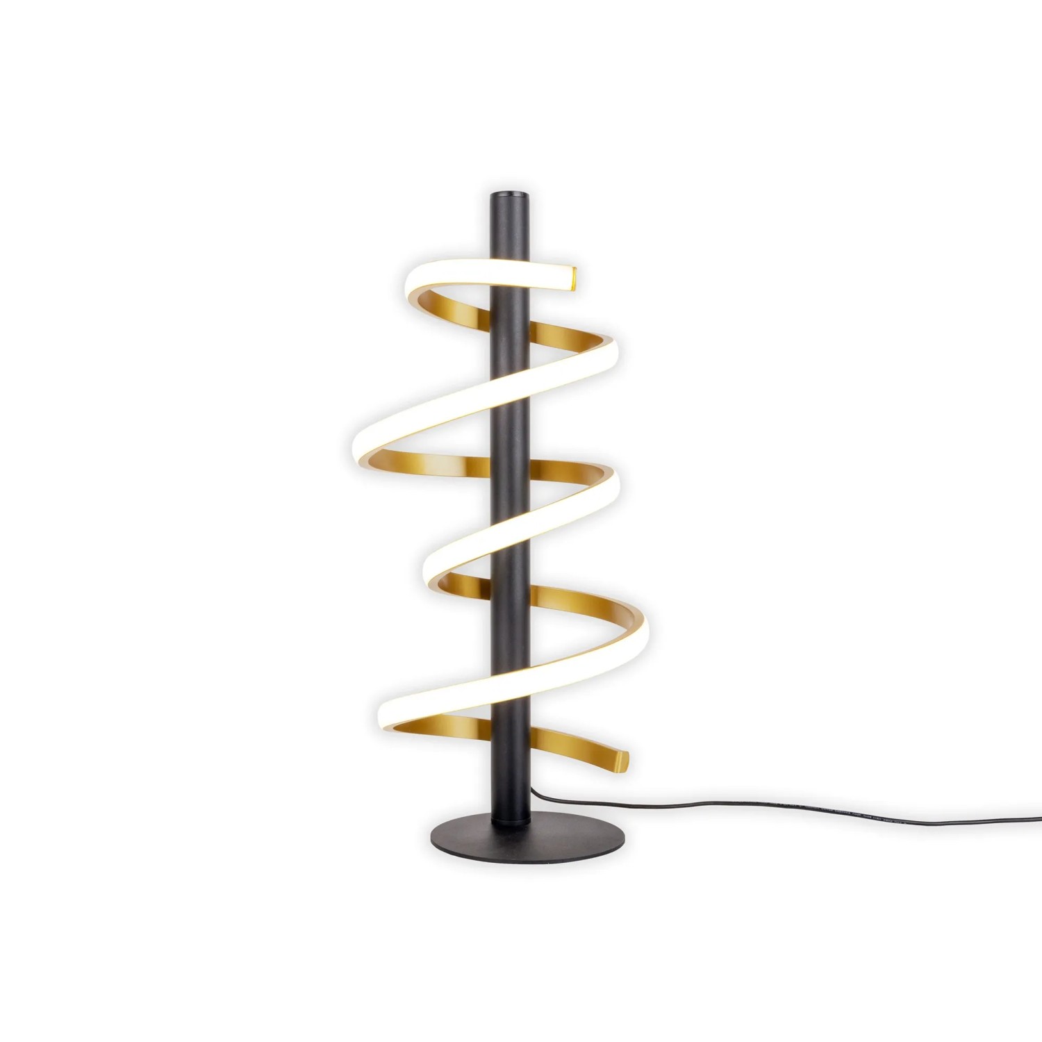 Moderne LED-Tischleuchte Belleza in Gold und Schwarz, spiralförmiges Design.