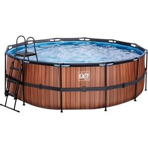 EXIT Wood Pool, braun, ø 427 cm, mit Leiter und Sandfilterpumpe.