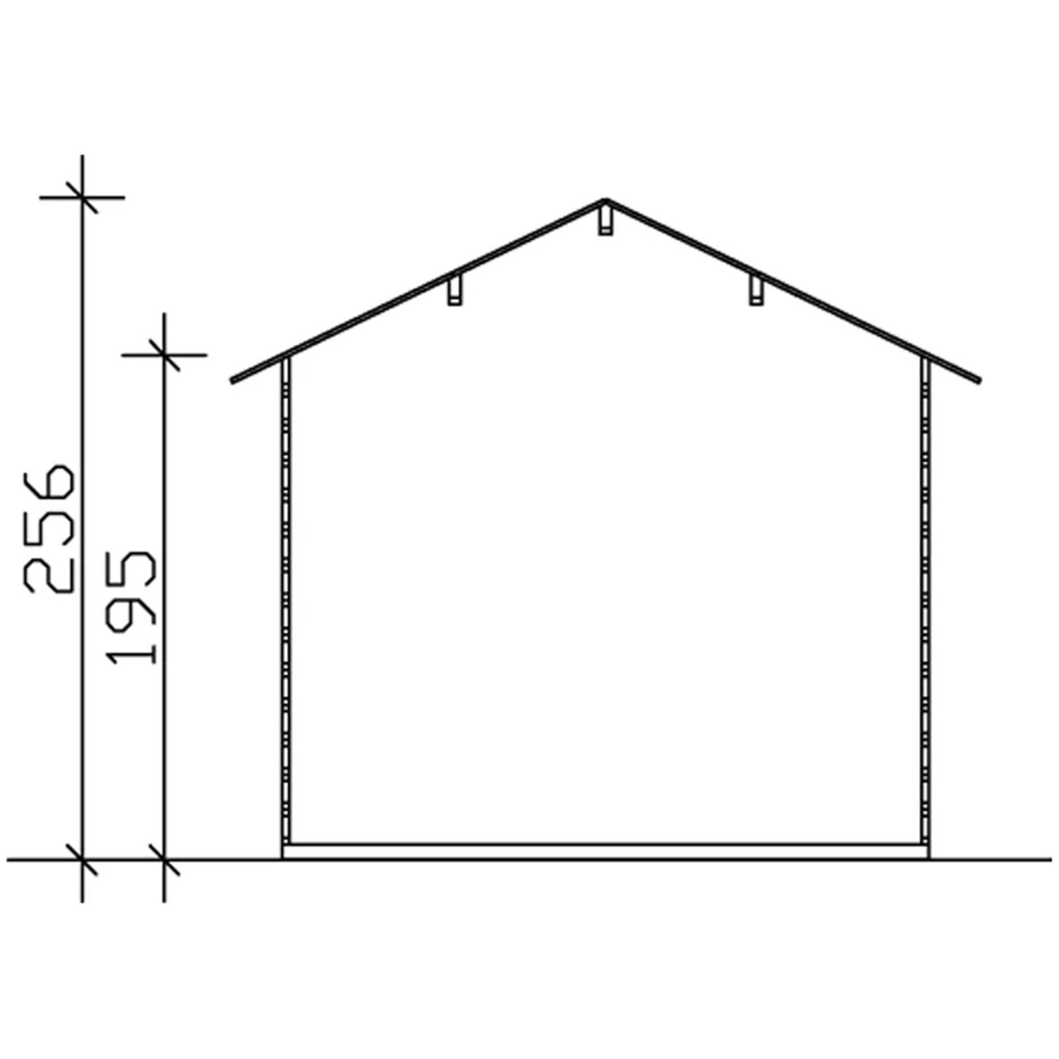 Skizze Skan Holz Gartenhaus Palma 1: Seitenansicht mit Höhenangaben. Holz-Gartenhaus für den Garten.