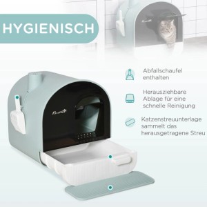 PawHut Katzentoilette mit Deckel, mintgrün, herausziehbarem Fach, Streuschaufel und Schmutzfangmatte.