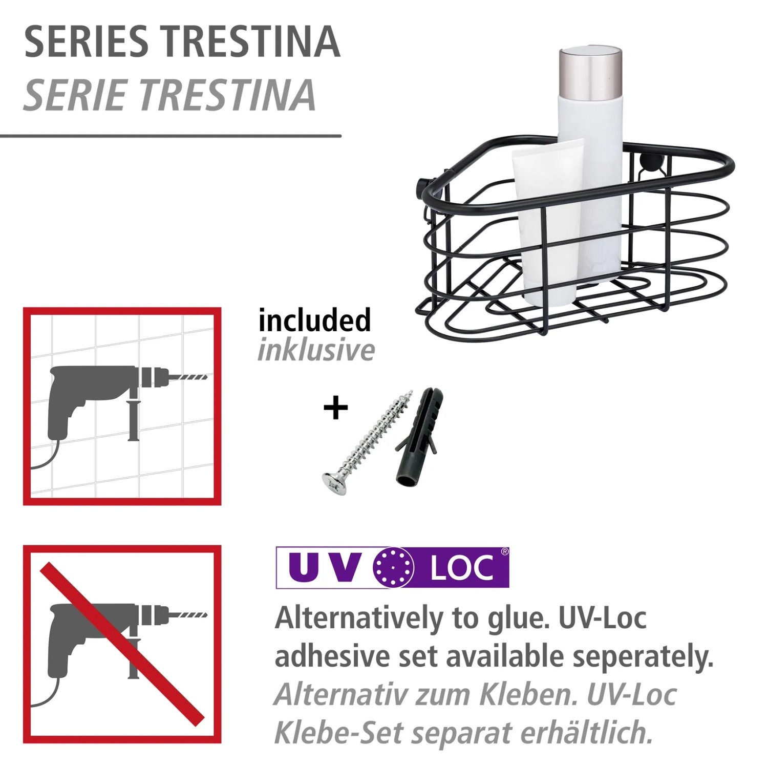 Wenko Eckablage Trestina, schwarze Draht-Ablage aus Edelstahl mit Schrauben und Dübeln für die Wandmontage.