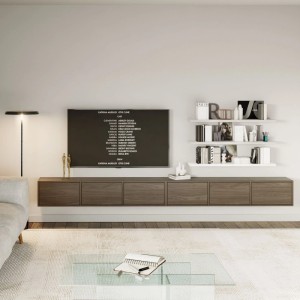 Selsey TV-Hängeboard Framme 300 cm Walnuss-Holzoptik, wandhängend mit 6 Fächern unter TV im Wohnzimmer.