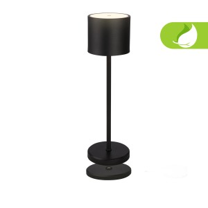 Schwarze Brilo Akku Tischleuchte Meja mit Ladestation und Touchdimmer.