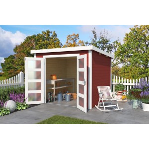 Lasita Holz-Gartenhaus Zambezi 5 in Schwedenrot mit geöffneten Türen und Gartenmöbeln.