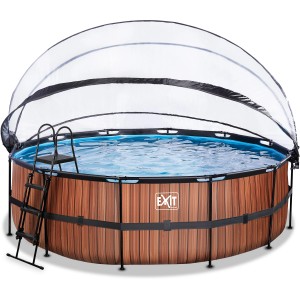 EXIT Wood Pool Ø450cm mit Abdeckung und Leiter. Stahlrahmenpool in Holzoptik, braun.