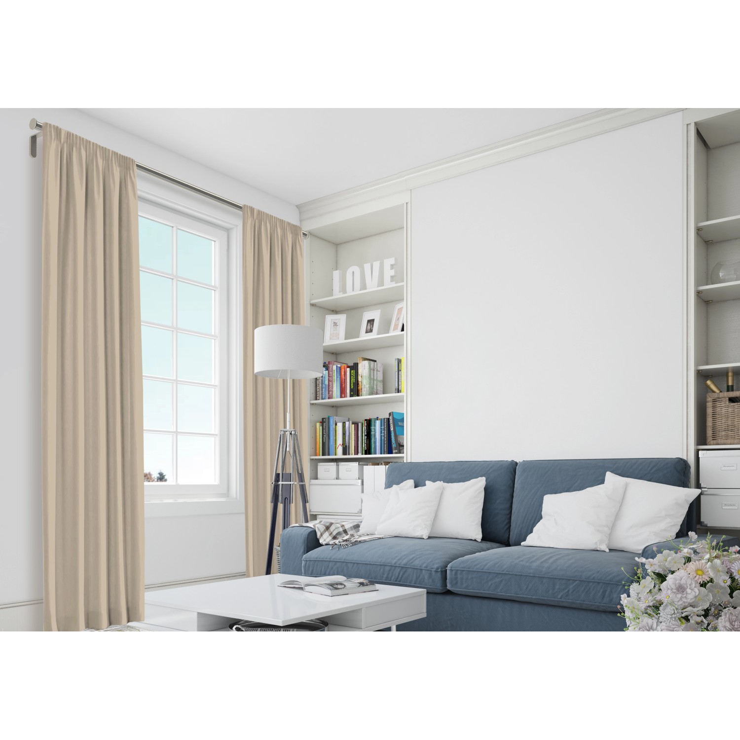 Gardinenstangen-Set in Edelstahloptik, 160 cm, mit Vorhängen im Wohnzimmer.