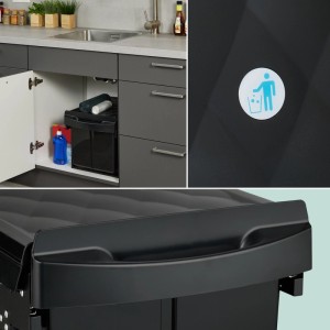 Schwarzer Relaxdays Einbaumülleimer aus Kunststoff/Stahl mit 2 Fächern im Küchenschrank. Ausziehbar für Mülltrennung.