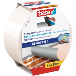 Tesa Verlegeband, rückstandsfrei entfernbar, 10 m x 50 mm, für Teppiche und PVC-Böden.