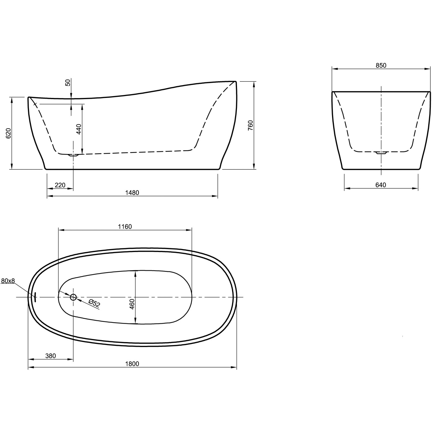 Technische Zeichnung der freistehenden Badewanne Aviva, 180x85 cm, mit Maßangaben.