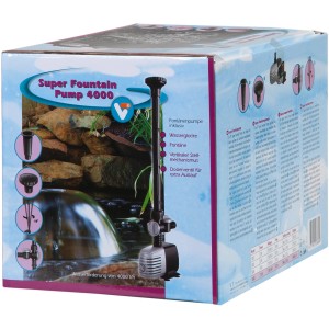 Verpackung der VT Teichpumpe Super Fountain 4000 mit Fontäne.