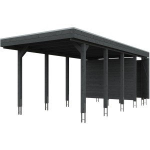 Schiefergrauer Carport Friesland Set 2, Einzelcarport mit Geräteschuppen und flachem Dach.