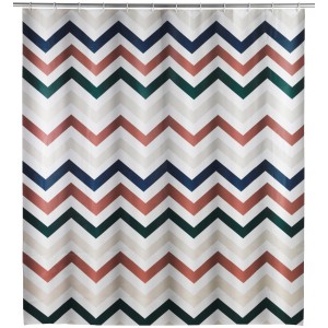 Wenko Duschvorhang Agropoli mit Zackenmuster in Creme, Braun, Blau und Grün. Wasserdicht und schnelltrocknend.