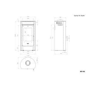 Technische Zeichnung Kaminofen Santa Fe Stahl 6 kW mit Maßen für Installation und Planung.