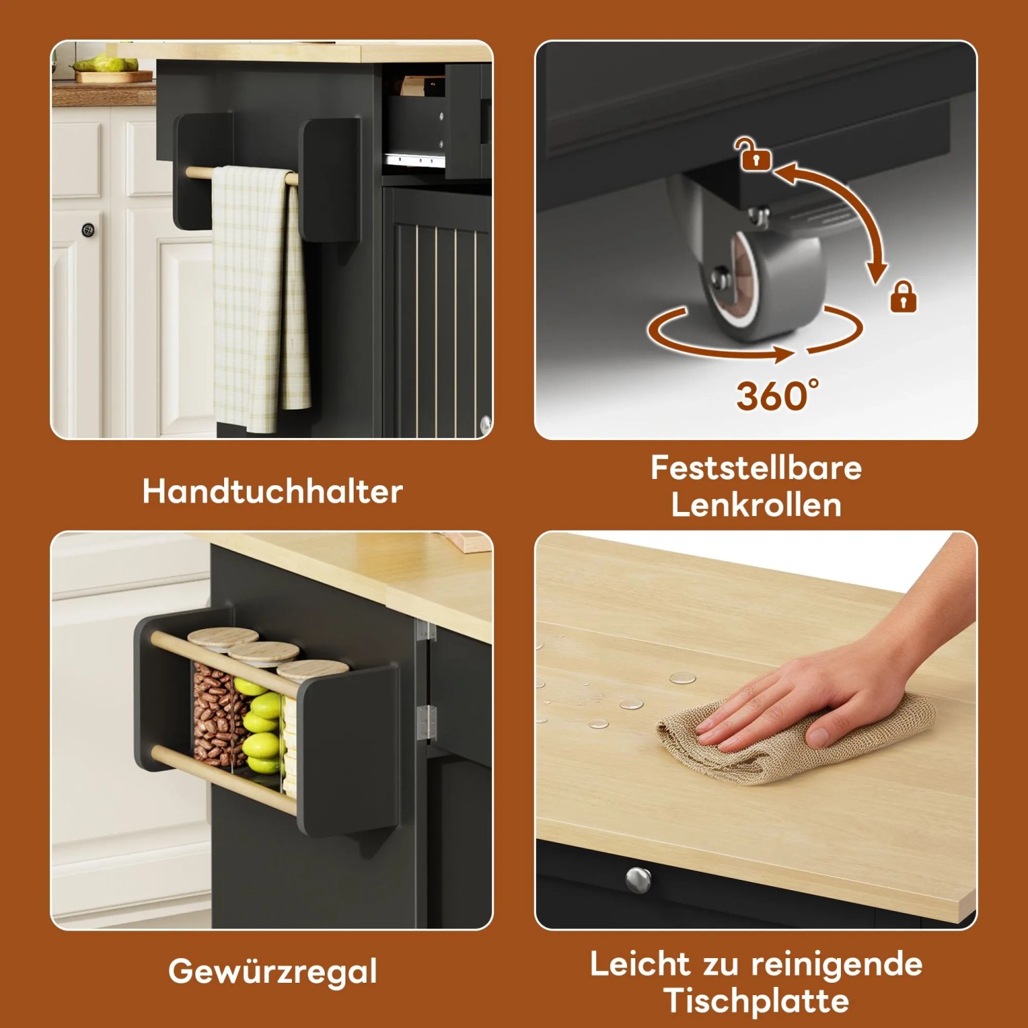 Schwarze okwish Kücheninsel mit heller Holzplatte, Handtuchhalter, Gewürzregal, feststellbaren Rollen und abwischbarer Oberfläche.