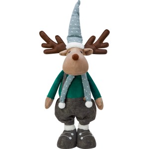 Weihnachtliches Stoff-Rentier Pop-up, 72 cm, braun-grün, mit Mütze und Schal als Weihnachtsdekoration.