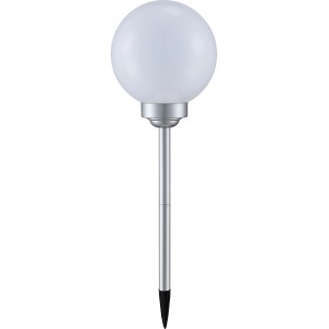 Globo LED-Solaraußenleuchte mit Kugel (Ø 20cm) und Erdspieß, silber-metallisch/weiß.