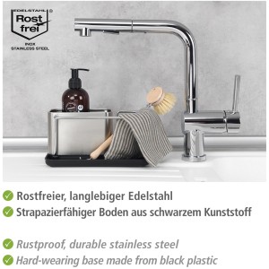 WENKO Spülorganizer Orio Edelstahl mit Spülmittel, Bürste und Tuch am Spülbecken.