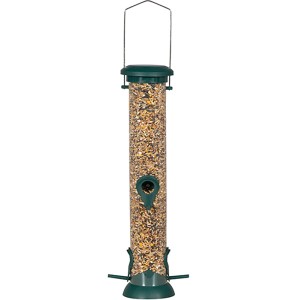 Siena Garden Vogelfutterspender aus Kunststoff, grün, gefüllt mit Vogelfutter.