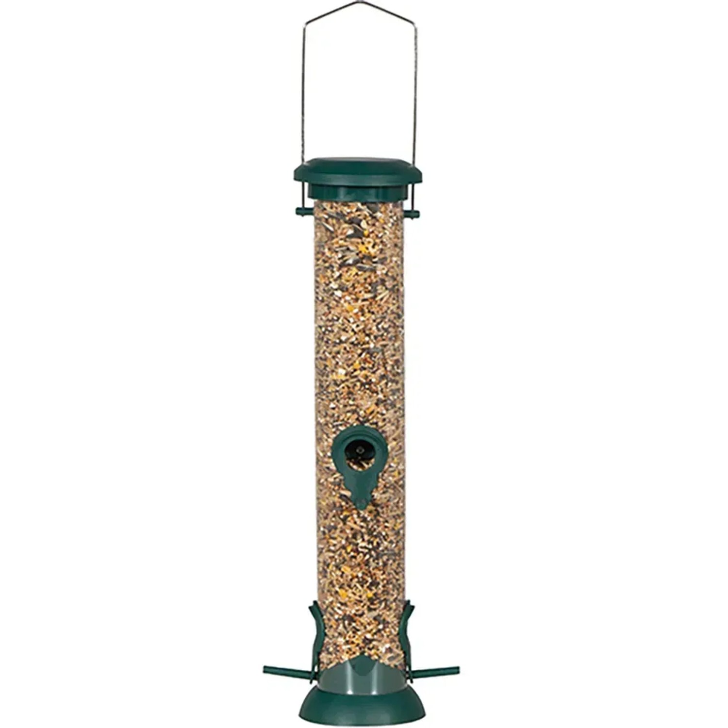 Siena Garden Vogelfutterspender aus Kunststoff, grün, gefüllt mit Vogelfutter.