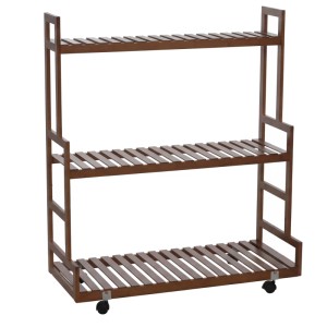 Braunes MCW Bambus Pflanzenregal mit 3 Ablagen und Rollen, 105x90x38cm.