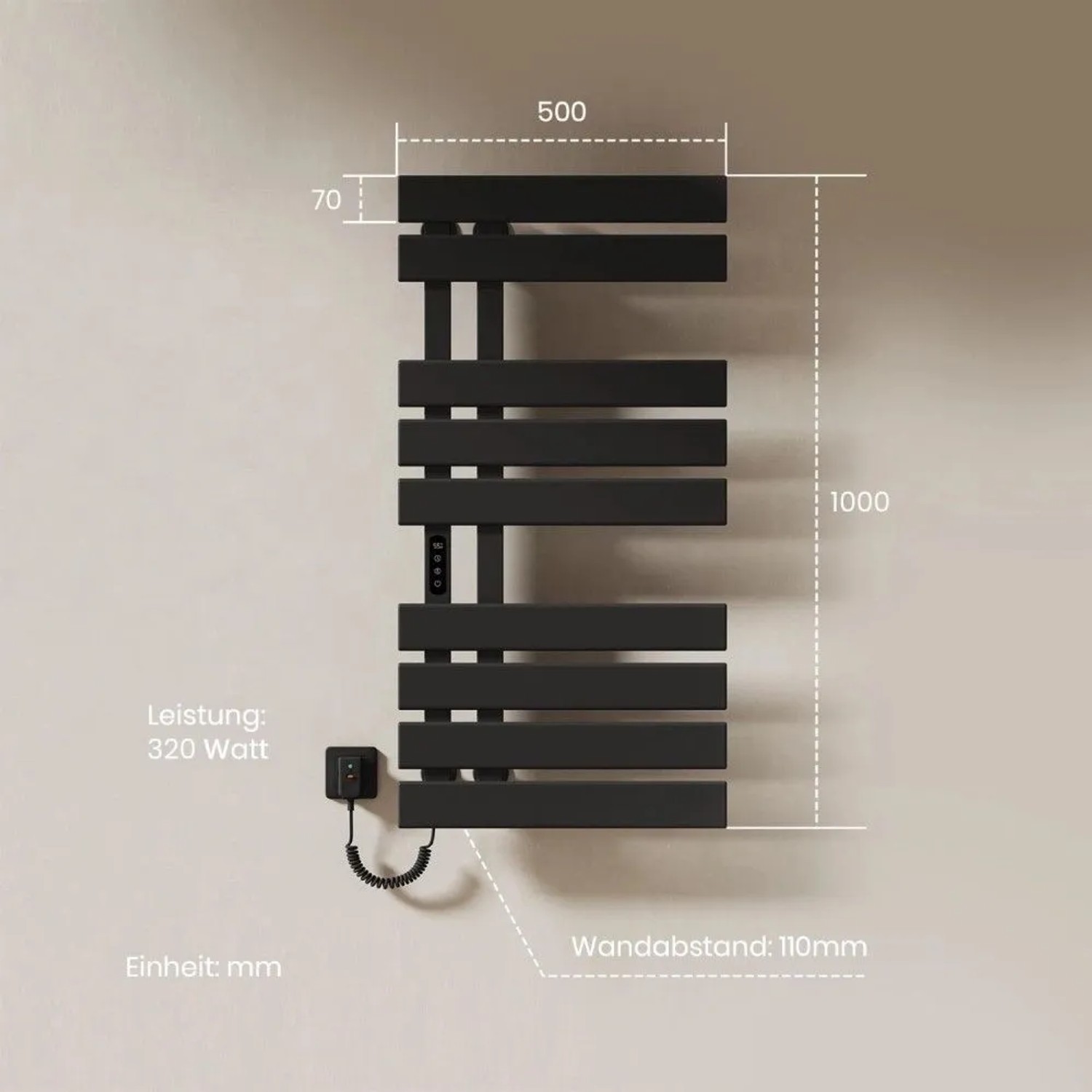 Emke elektrischer Handtuchhalter, schwarz, 100x50cm, flach, 320W. Mit LED Display und WiFi Steuerung.