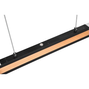 Holzfarbige LED-Pendelleuchte Deacon mit Touch Dimmer, 42W, 5000lm, für Wohn- und Schlafzimmer.