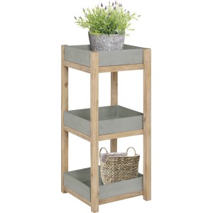 Pflanzregal Mageve mit 3 Ablagen aus Holz und Stein, ideal für Gartendekoration und Pflanzen.