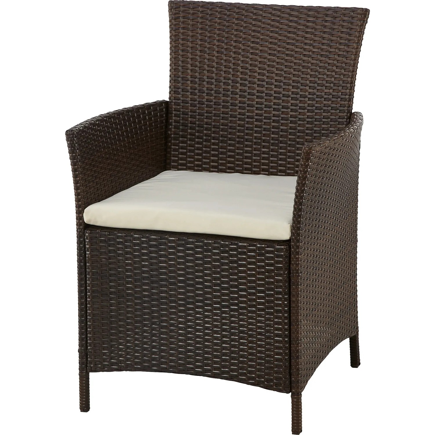 Brauner Polyrattan Sessel mit beigem Sitzkissen, Teil des Gartenmöbel-Sets Canera.