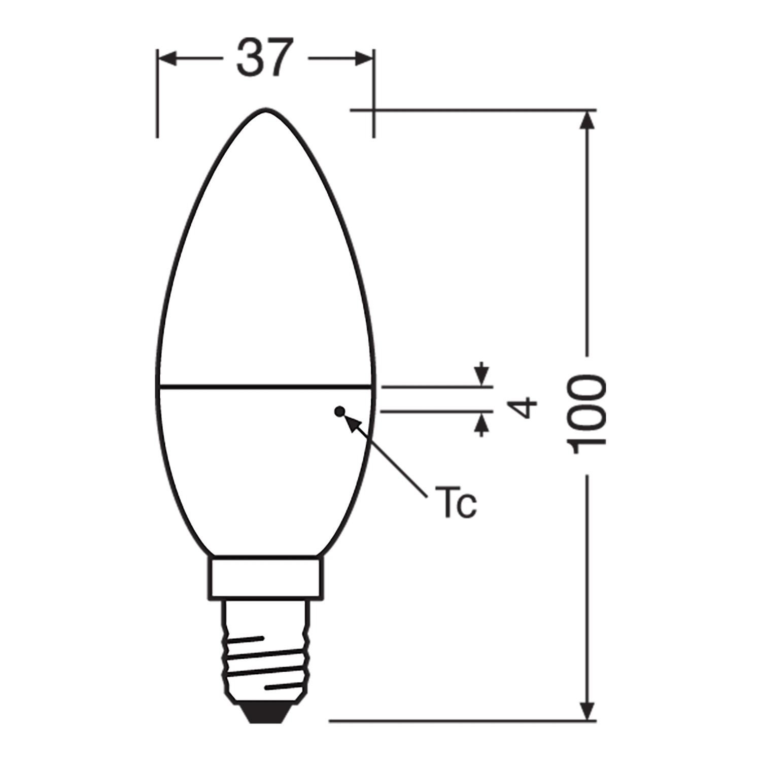 Technische Zeichnung Osram LED E14 Kerzenform, Maße: 10 x 3,7 cm (H x Ø)