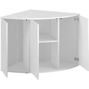 Weißer Juwel Aquariumunterschrank SBX Trigon 350 mit offenen Türen und Regalfächern.