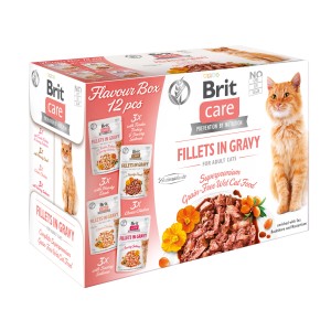 Brit Care Multipack Katzen-Nassfutter Adult, 12 Portionsbeutel mit Filet in Soße.