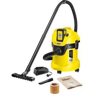 Kärcher Akku-Mehrzwecksauger WD 3 Battery Set mit Zubehör und Akku. Gelber Nass-Trockensauger.