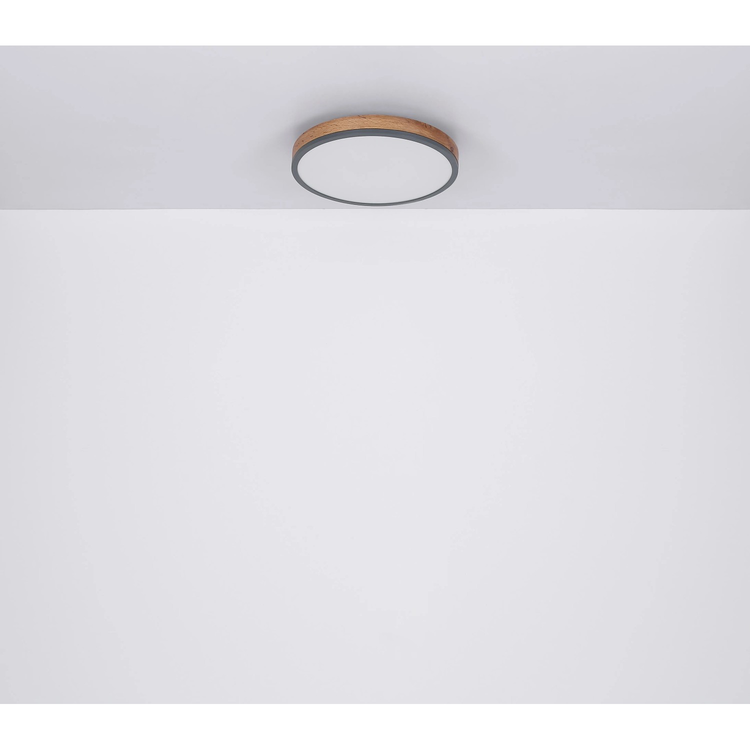 Runde LED-Deckenleuchte Doro in Graphit und Holzoptik, 450 mm Durchmesser.