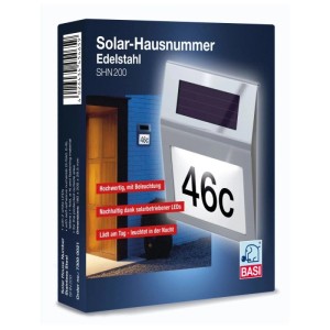 Basi SolarHausnummer SHN 200 Edelstahl 2 Weiße LEDs Solarbetrieben Zahlen/Buchstaben Set inkl.