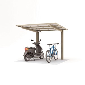 Ximax Alu Carport Smart Port in Edelstahl-Optik mit Motorroller und Fahrrad untergestellt.