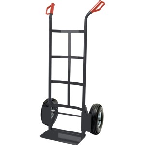 Schwarze Sackkarre Basis mit 150 kg Tragkraft, Stahlrahmen und roten Griffen.