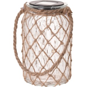 Solarlampe aus Glas mit Jute-Seil und 10 LEDs, Ø 11 cm. Dekorative LED-Kerze für Garten und Terrasse.