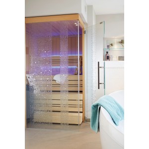 d-c-fix Static Windows Stripes Hope als Sichtschutz auf einer Glastür zur Sauna.