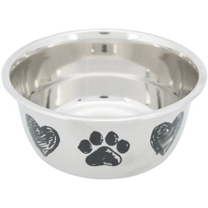 Trixie Hundenapf aus Edelstahl, 15 cm Durchmesser, mit Pfoten- und Herzmotiven.
