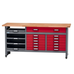 Küpper Werkbank mit 17 Schubladen, dunkelrot, mit Buchenholzplatte. Ideal für Werkstatt und Hobby.