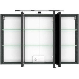 Held Möbel Bari Spiegelschrank 100 cm in Graphitgrau mit LED-Leuchte und Glasböden.