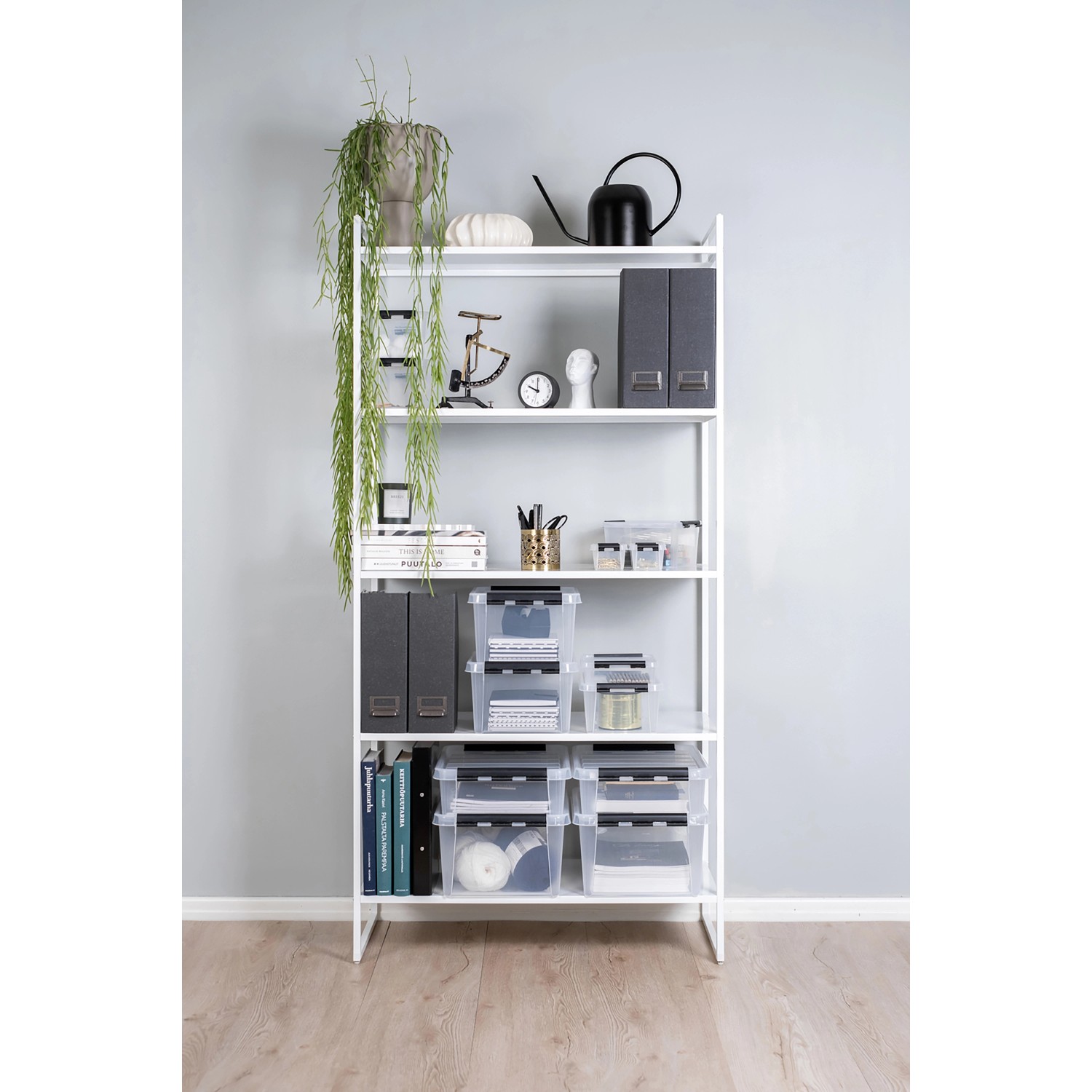 SmartStore Aufbewahrungsbox Classic 3 l auf Regal, transparent, mit Deckel und Inhalt.