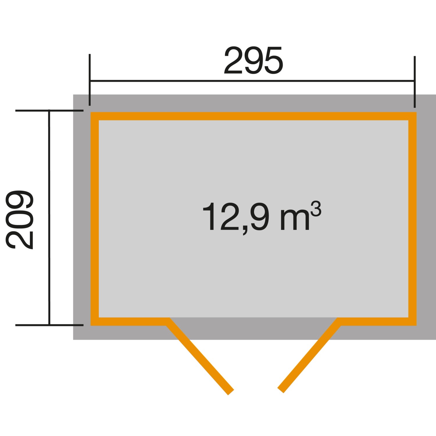 Grundriss Weka Gartenhaus Grau, Pultdach, 295x209 cm, Volumen 12,9 m³.
