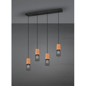 Schwarze Trio Pendelleuchte Tosh mit 4 Holz- und Glaselementen. Moderne Hängelampe für Esszimmer und Wohnbereich.
