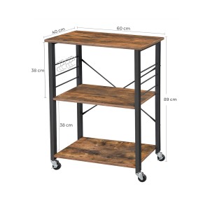 Vasagle Küchenregal mit Rollen, braun-schwarz, 3 Ablagen, 6 Haken, 40x60x89 cm.