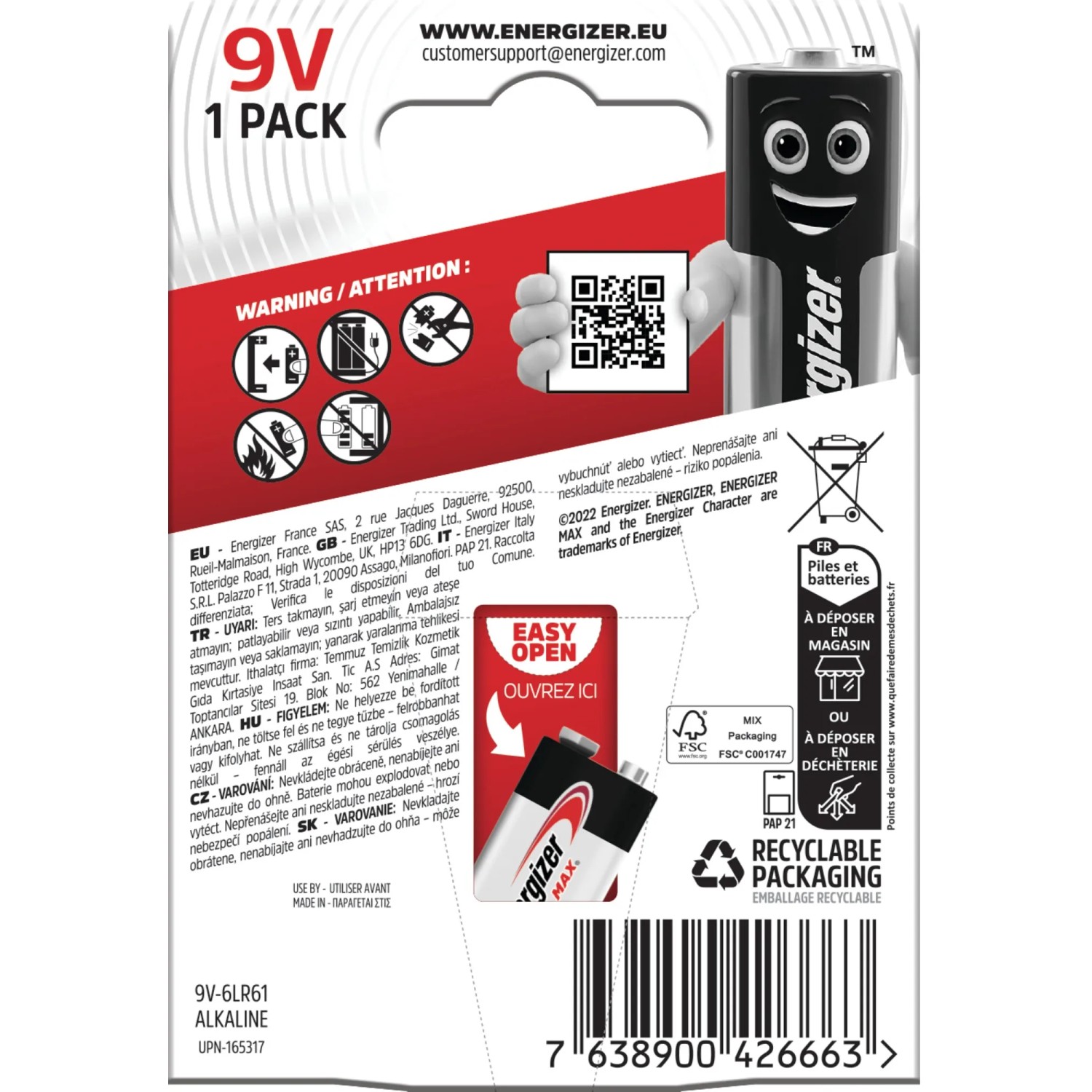 Energizer Max 9V Batterie, Alkaline E-Block für anspruchsvolle Geräte.